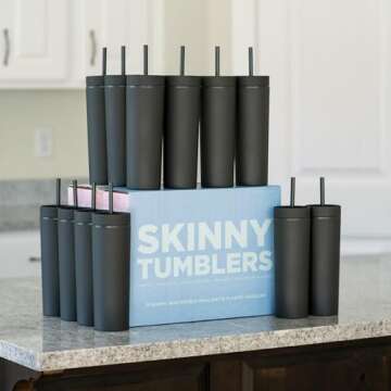STRATA CUPS Black Skinny Tumblers with Lids and Straws (12 pack) - 16oz Double Wall Acrylic Tumbler, Tall Matte Skinny Tumblers, Bulk with Free Straw Cleaner, Reusable Cups