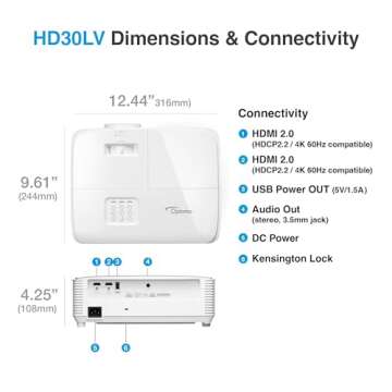 Optoma HD30LV Compact Gaming and Home Theater Projector, 1080p with 4K HDR Input, High Bright 4,500 ...