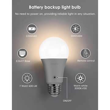 Rechargeable Light Bulbs LED Battery Backup Light Bulb with Remote Control Battery Operated Emergenc...