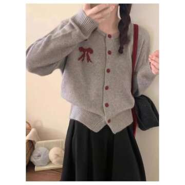 MakeMeChic Women's Bow Sweater Crew Neck Button Down Long Sleeve Cute Lightweight Cardigan Sweaters Knitwear Grey Medium