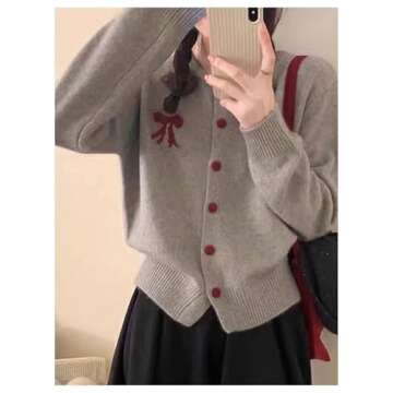 MakeMeChic Women's Bow Sweater Crew Neck Button Down Long Sleeve Cute Lightweight Cardigan Sweaters Knitwear Grey Medium