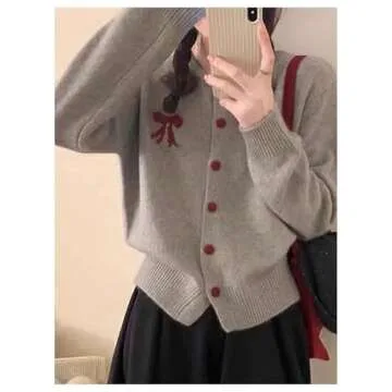 MakeMeChic Women's Bow Sweater Crew Neck Button Down Long Sleeve Cute Lightweight Cardigan Sweaters Knitwear Grey Medium