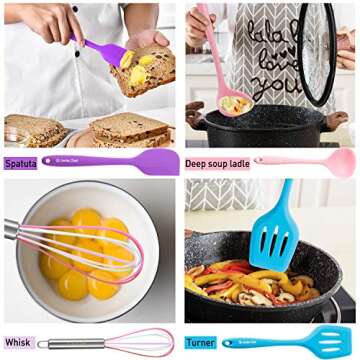 Silicone Cooking Utensils Kitchen Utensil Set-12 Pieces Colorful Kitchen Utensils Cooking Tools Turner Tongs Spatula Spoon for Nonstick Cookware - Best Kitchen Tools with Utensil Crock by Umite Chef