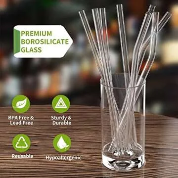 Elyum 8 Pack Reusable Glass Straws, 10'' x 10mm Clear Drinking Straws with 2 Cleaning Brushes Portable Glass Straws for Smoothies Tea Juice Wine (4 Straight + 4 Bent)