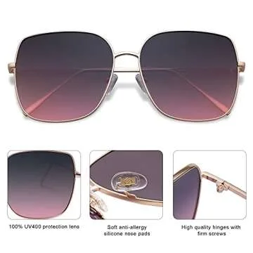SOJOS Trendy Oversized Square Metal Frame Sunglasses for Women Men Retro Big Flat Lens UV Protection Sunglasses SJ1146, Gold Frame/Top Grey Bottom Purple Lens