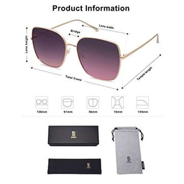 SOJOS Trendy Oversized Square Metal Frame Sunglasses for Women Men Retro Big Flat Lens UV Protection Sunglasses SJ1146, Gold Frame/Top Grey Bottom Purple Lens