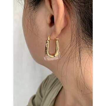 YESLADY Acrylic Hoop Earrings Gold Lucite Transparent Resin Rectangle Clear Hoops for Women
