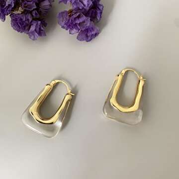 YESLADY Acrylic Hoop Earrings Gold Lucite Transparent Resin Rectangle Clear Hoops for Women