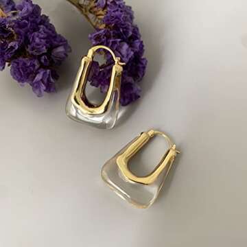 YESLADY Acrylic Hoop Earrings Gold Lucite Transparent Resin Rectangle Clear Hoops for Women