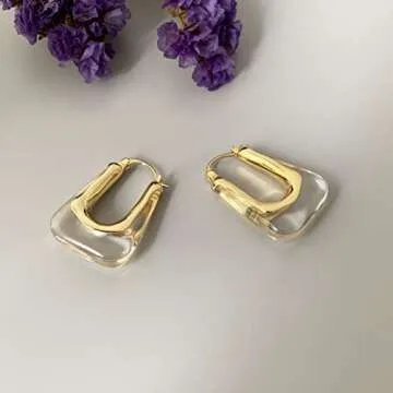 YESLADY Acrylic Hoop Earrings Gold Lucite Transparent Resin Rectangle Clear Hoops for Women