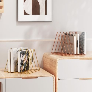 Urban Deco Triangle Desk Organizers Metal Wire Magazine Holder 7 Sections Decorative File Folder Organizer Vinyl Record Storage Office For Desk - Gold Magazine File Holder - Pack of 2