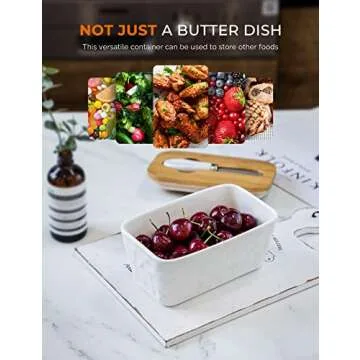 Butter Dish with Lid, Large Butter Dish for Countertop, Ceramic Butter Dish with Knife Double Silicone Seal Unique Stone Butter Dishes with Covers for Farmhouse Kitchen Decor Home Decor White