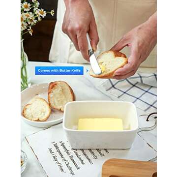 Butter Dish with Lid, Large Butter Dish for Countertop, Ceramic Butter Dish with Knife Double Silicone Seal Unique Stone Butter Dishes with Covers for Farmhouse Kitchen Decor Home Decor White