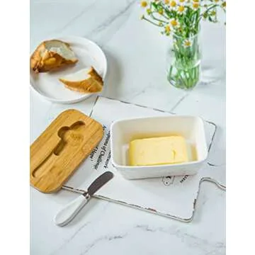 Butter Dish with Lid, Large Butter Dish for Countertop, Ceramic Butter Dish with Knife Double Silicone Seal Unique Stone Butter Dishes with Covers for Farmhouse Kitchen Decor Home Decor White