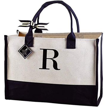 Mud Pie Classic Black and White Initial Canvas Tote Bags (R), 100% Cotton, 17" x 19" x 2"