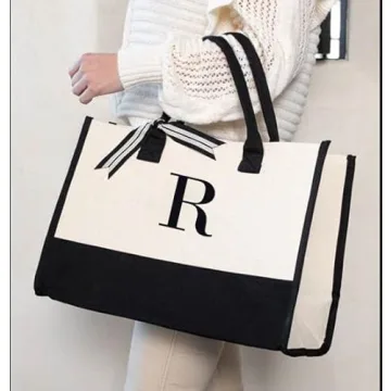 Mud Pie Classic Black and White Initial Canvas Tote Bags (R), 100% Cotton, 17" x 19" x 2"