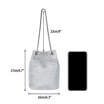 Rhinestone Evening Party Bags for Women Sparkly Silver Clutch Crystal Bucket Purse Wedding Purses Wallet Fancy Desinger Handbags Bing Glitter Shoulder Bags for Cocktail Prom NightOut Small Tote Bag