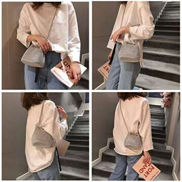 Rhinestone Evening Party Bags for Women Sparkly Silver Clutch Crystal Bucket Purse Wedding Purses Wallet Fancy Desinger Handbags Bing Glitter Shoulder Bags for Cocktail Prom NightOut Small Tote Bag