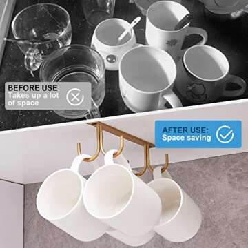 FOMANSH Mug Rack Under Cabinet - Coffee Cup Holder, 12 Mugs Hooks Under Shelf, Display Hanging Cups Drying Hook for Bar Kitchen Utensils Gold