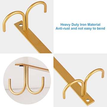 FOMANSH Mug Rack Under Cabinet - Coffee Cup Holder, 12 Mugs Hooks Under Shelf, Display Hanging Cups Drying Hook for Bar Kitchen Utensils Gold