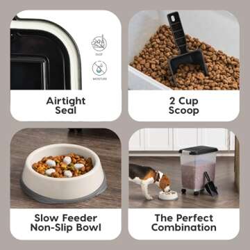 IRIS USA Airtight Dog Food Storage Container with 2-Cup Scoop and Slow Feeder Bowl Combo, Up to 30 lbs Pet Food Bin with Attachable Wheels, Anti-Slip Short Snouted Bowl, Easy to Clean, BPA Free, Black