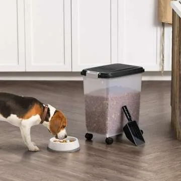 IRIS USA Airtight Dog Food Storage Container with 2-Cup Scoop and Slow Feeder Bowl Combo, Up to 30 lbs Pet Food Bin with Attachable Wheels, Anti-Slip Short Snouted Bowl, Easy to Clean, BPA Free, Black
