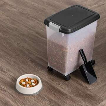 IRIS USA Airtight Dog Food Storage Container with 2-Cup Scoop and Slow Feeder Bowl Combo, Up to 30 lbs Pet Food Bin with Attachable Wheels, Anti-Slip Short Snouted Bowl, Easy to Clean, BPA Free, Black