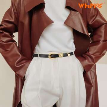 WHIPPY Women Skinny Leather Belt for Jeans Pants Dresses Ladies Fashion Waist Belt with Shiny Gold B...