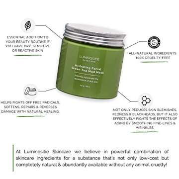 Hydrating Facial Green Tea Mud Mask - Instantly Rejuvenate Appearance Of Dull Skin - Calms Redness & Irritation - French Green Clay - Hyaluronic Acid, Vitamin E & Vitamin B3 250g - Vegan