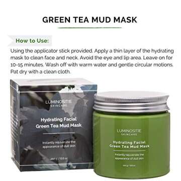 Hydrating Facial Green Tea Mud Mask - Instantly Rejuvenate Appearance Of Dull Skin - Calms Redness & Irritation - French Green Clay - Hyaluronic Acid, Vitamin E & Vitamin B3 250g - Vegan