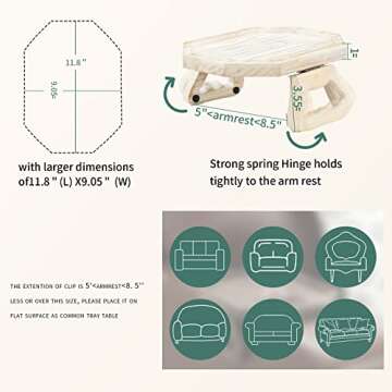 Vesuna Wooden Sofa Arm Tray, Clip Couch Table, Armrest Cup Holder, Folding Organizer for Remote, Phone,drinkings and Snacks