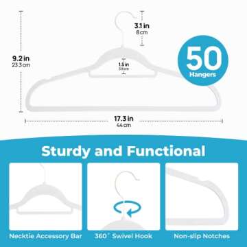 Fontaines Luxury White Velvet Felt Non Slip Clothes Hangers 50 Pack - Ultra Slim & Space Saving - Heavy Duty Swivel White Hook for Clothing, Suit, Top, Tie, Shirt, Skirt & Pant Organization