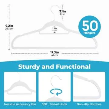 Fontaines Luxury White Velvet Felt Non Slip Clothes Hangers 50 Pack - Ultra Slim & Space Saving - Heavy Duty Swivel White Hook for Clothing, Suit, Top, Tie, Shirt, Skirt & Pant Organization