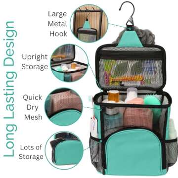 TERRA HOME Shower Caddy For College Dorms- Travel Shower Caddy - Shower Organizer Bag - Large Capacity, Quick Dry and Water Resistant with Metal Hook - Portable Shower Case for Gym and Travel (Aqua)