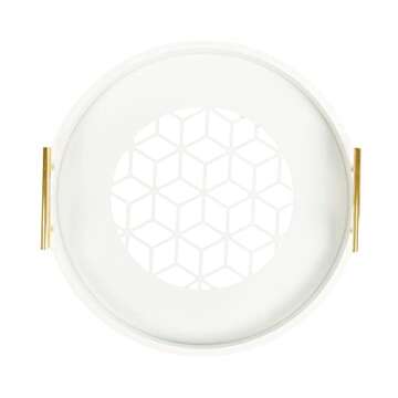 Kate and Laurel Caspen Round Cut Out Pattern Decorative Tray with Gold Metal Handles, White