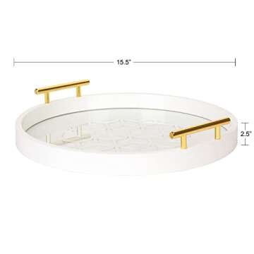 Kate and Laurel Caspen Round Cut Out Pattern Decorative Tray with Gold Metal Handles, White
