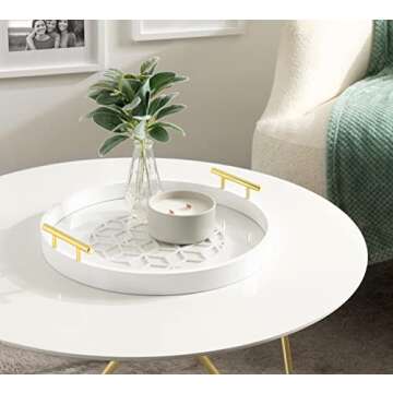 Kate and Laurel Caspen Round Cut Out Pattern Decorative Tray with Gold Metal Handles, White