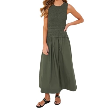 Womens 2024 Summer Army Green Sleeveless Maxi Dress Tiered Pleated Silhouette Skirt A-line Casual Dr...