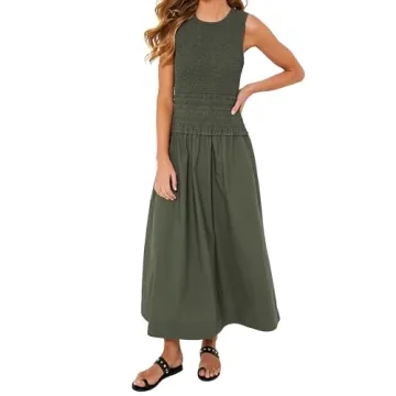 Womens 2024 Summer Army Green Sleeveless Maxi Dress Tiered Pleated Silhouette Skirt A-line Casual Dr...
