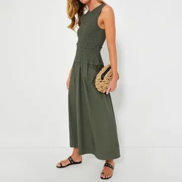 Womens 2024 Summer Army Green Sleeveless Maxi Dress Tiered Pleated Silhouette Skirt A-line Casual Dresses (US, Alpha, Medium, Regular, Regular, Army Green)