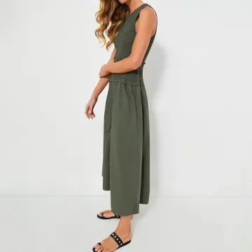 Womens 2024 Summer Army Green Sleeveless Maxi Dress Tiered Pleated Silhouette Skirt A-line Casual Dresses (US, Alpha, Medium, Regular, Regular, Army Green)