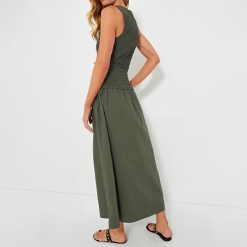 Womens 2024 Summer Army Green Sleeveless Maxi Dress Tiered Pleated Silhouette Skirt A-line Casual Dresses (US, Alpha, Medium, Regular, Regular, Army Green)