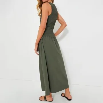 Womens 2024 Summer Army Green Sleeveless Maxi Dress Tiered Pleated Silhouette Skirt A-line Casual Dresses (US, Alpha, Medium, Regular, Regular, Army Green)