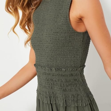 Womens 2024 Summer Army Green Sleeveless Maxi Dress Tiered Pleated Silhouette Skirt A-line Casual Dresses (US, Alpha, Medium, Regular, Regular, Army Green)