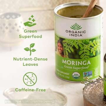 ORGANIC INDIA Moringa Powder - Moringa Oleifera Leaf Herbal Supplement, Green Superfood, Nutrient Dense, Pure Plant Protein, Vitamin A, E, K, Iron, Calcium, Fiber, Vegan, USDA Certified Organic - 8 oz