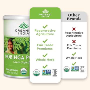 ORGANIC INDIA Moringa Powder - Moringa Oleifera Leaf Herbal Supplement, Green Superfood, Nutrient Dense, Pure Plant Protein, Vitamin A, E, K, Iron, Calcium, Fiber, Vegan, USDA Certified Organic - 8 oz