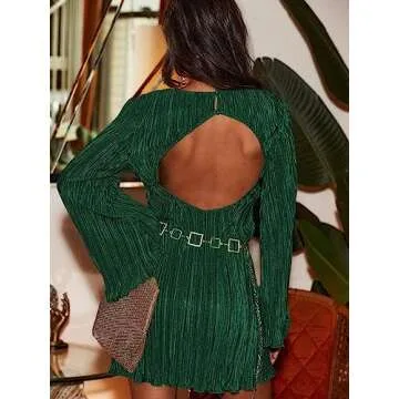 Yanfoam Women's Loose Collar Crewneck Pleated Long Sleeve Mini Backless Dress Dark Green L