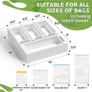 DALSHABET Bamboo Storage Bag Organizer for Kitchen Drawer, 4 Separate Food Storage Bag Organizer, 12x14 Baggie Organizer Dispenser for All Brands Gallon, Snack, Sandwich & Quart Slider Bags White