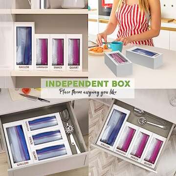 DALSHABET Bamboo Storage Bag Organizer for Kitchen Drawer, 4 Separate Food Storage Bag Organizer, 12x14 Baggie Organizer Dispenser for All Brands Gallon, Snack, Sandwich & Quart Slider Bags White