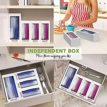 DALSHABET Bamboo Storage Bag Organizer for Kitchen Drawer, 4 Separate Food Storage Bag Organizer, 12x14 Baggie Organizer Dispenser for All Brands Gallon, Snack, Sandwich & Quart Slider Bags White